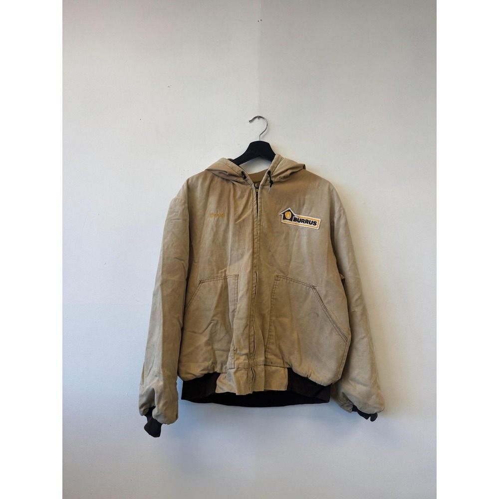 Pella Jacket Mens‎ Large Tan Hooded Canvas Workwear Burrus Seed Logo Zip Front